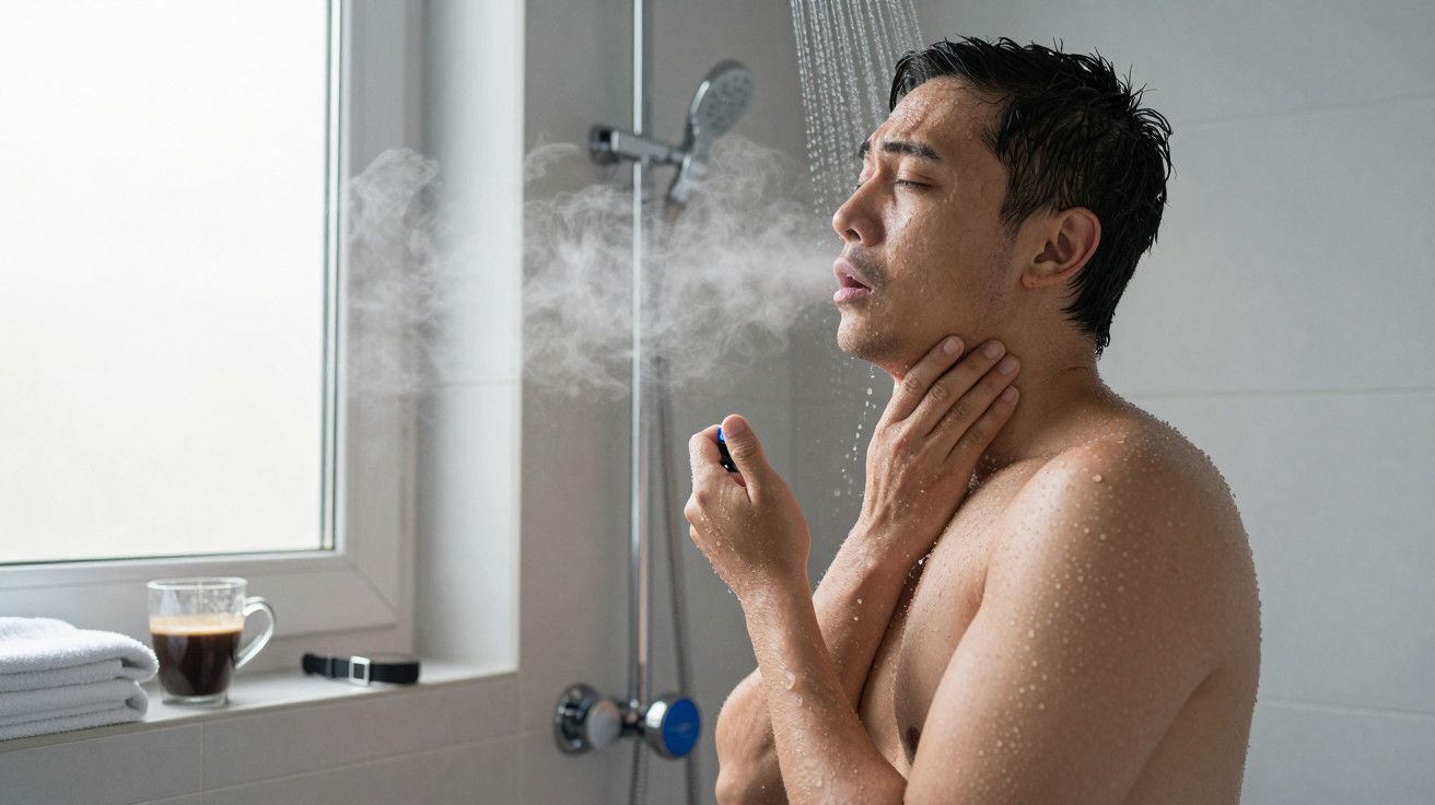 Homem tomando banho quente sob ducha, toca a garganta em ambiente com vapor. Copo de café na janela ao fundo.