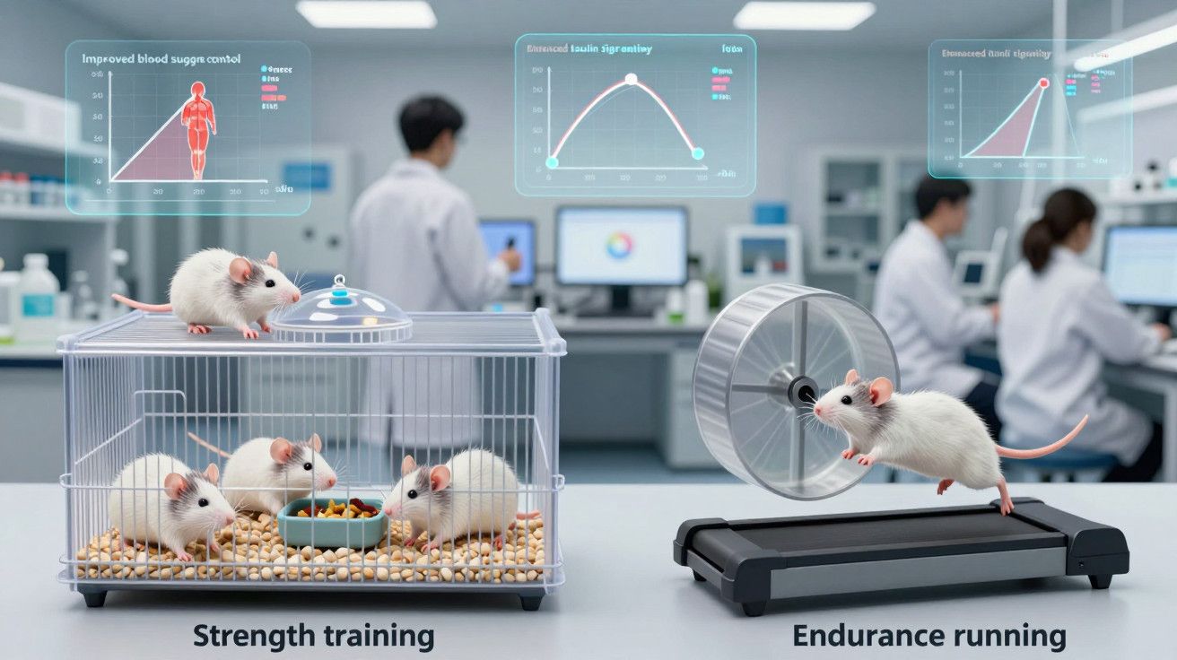 Ratos em laboratório: um grupo em gaiola de "treino de força" e outro no "treino de resistência" com laboratório ao fundo.