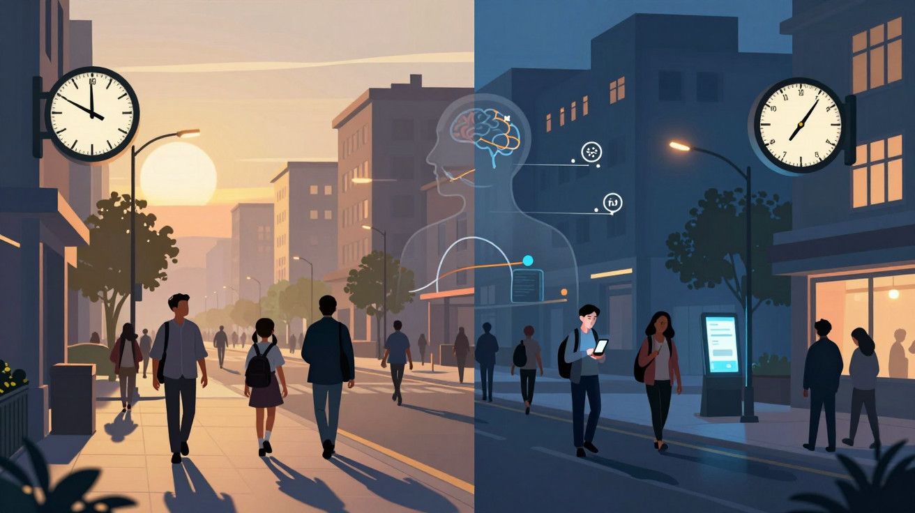 Ilustração de cidade dividida ao meio, mostrando dia e noite, com pessoas caminhando e relógios em cada lado.