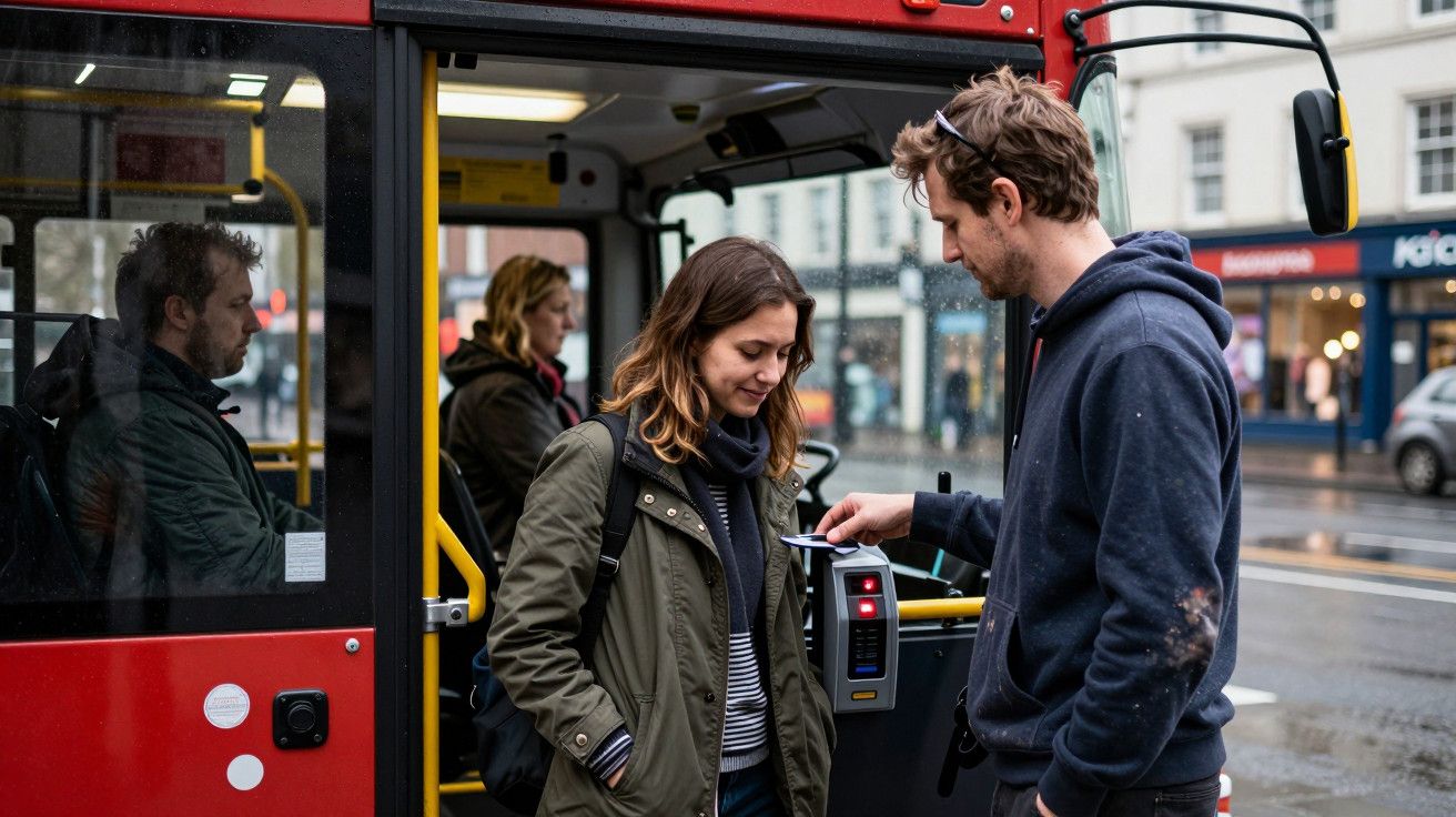 Homem insere cartão em máquina de bilhetes de ônibus enquanto mulher espera entrar. Outro homem está sentado dentro.