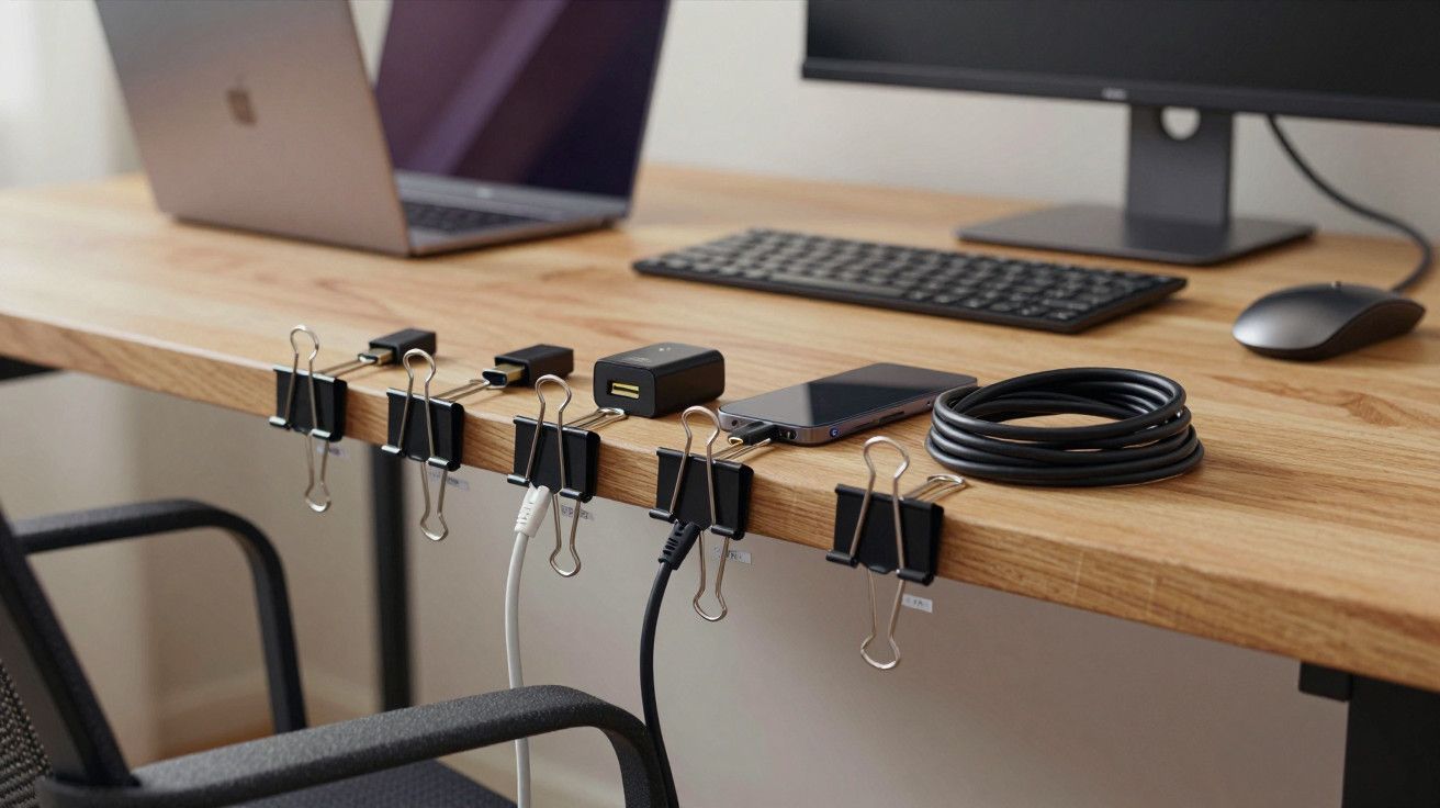 Grampo de papel segurando cabos organizados em mesa de escritório com laptop, teclado, telefone e monitor.