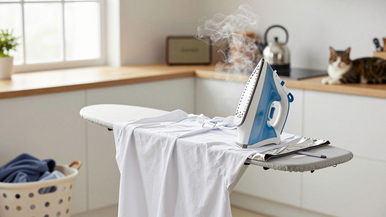 Ferro a vapor sobre camisa branca em tábua de passar em cozinha, roupa no cesto ao fundo e gato sobre a bancada.
