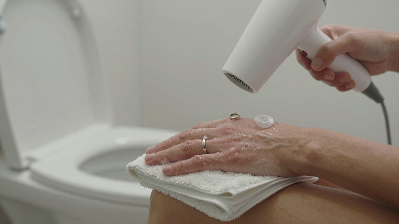 Mão secando sobre uma toalha com secador de cabelo ao lado de vaso sanitário.