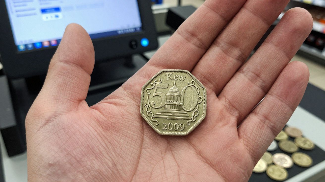 Pessoa segurando moeda de 50 pence de 2009 com imagem do Pagode de Kew, fundo desfocado com moedas e tela.