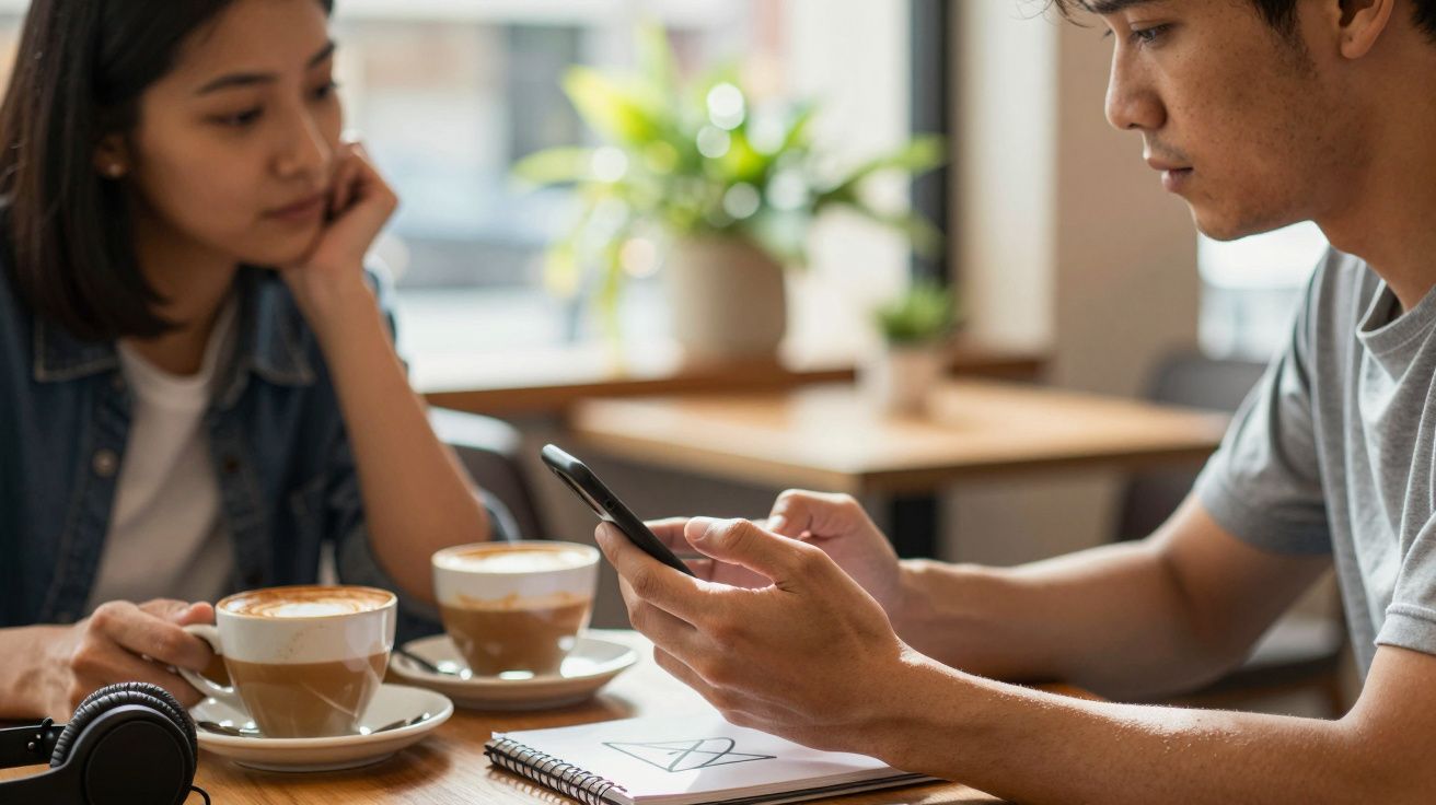 Duas pessoas em uma cafeteria, com bebidas e caderno na mesa, enquanto uma delas usa um celular.