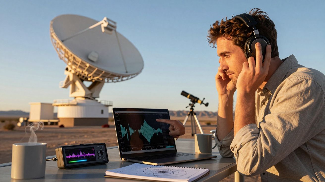 Homem usando fones de ouvido analisa dados em laptop ao ar livre, com antena parabólica ao fundo.