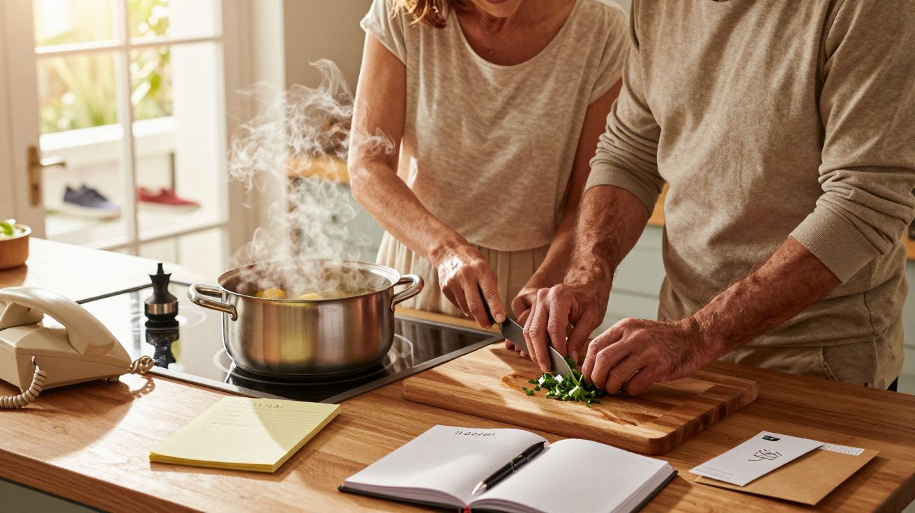 Duas pessoas cozinhando juntas, cortando ervas em uma tábua de madeira ao lado de uma panela fumegante no fogão.