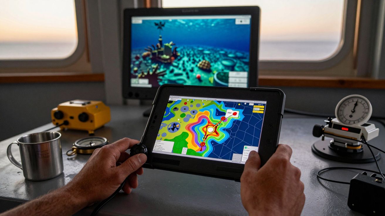 Mãos seguram tablet com mapa colorido, monitor ao fundo mostra imagem subaquática; mesa com objetos técnicos.