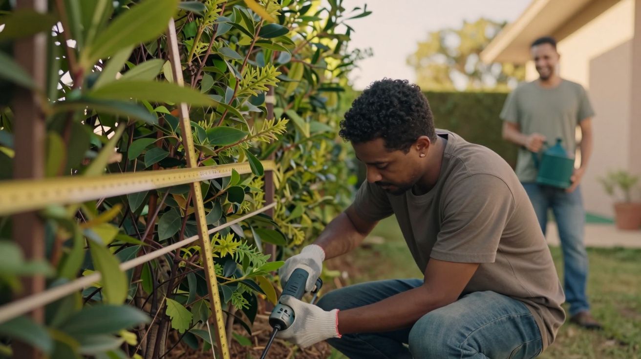 Homem instalando cerca de madeira no jardim com furadeira, outro homem ao fundo com regador.