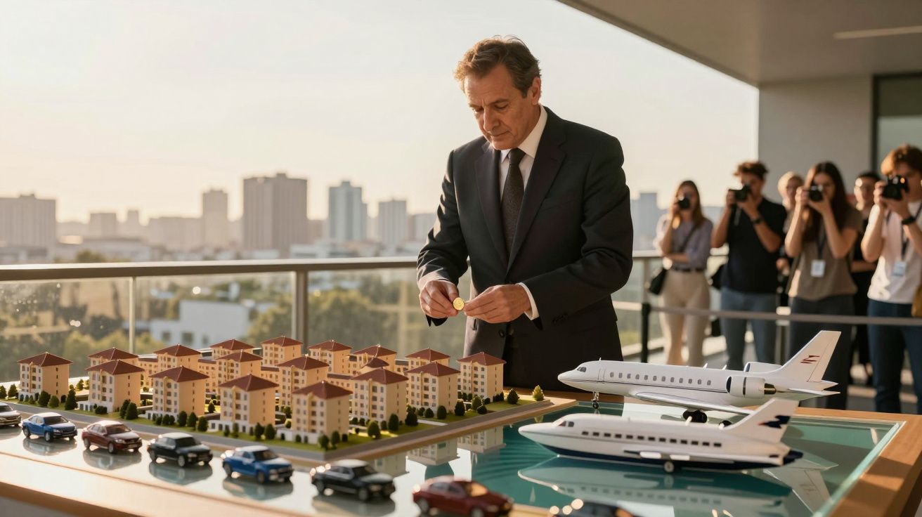 Homem de terno observa maquete de prédios, carros e aviões em varanda com fotógrafos ao fundo.