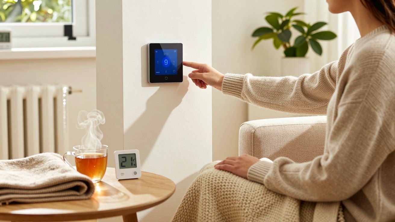 Mulher ajusta termostato em sala acolhedora. Mesa com chá fumegante e manta ao lado.