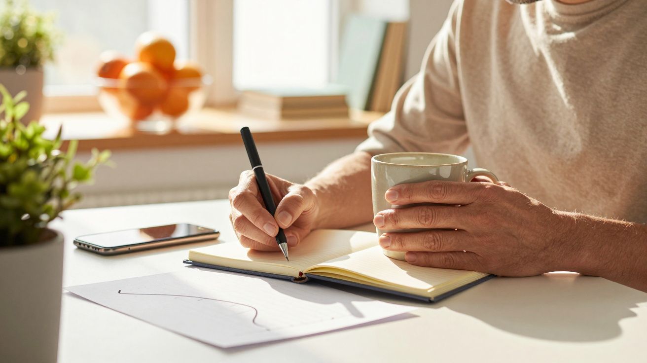 Pessoa escrevendo em caderno enquanto segura uma caneca, com celular e frutas ao fundo.