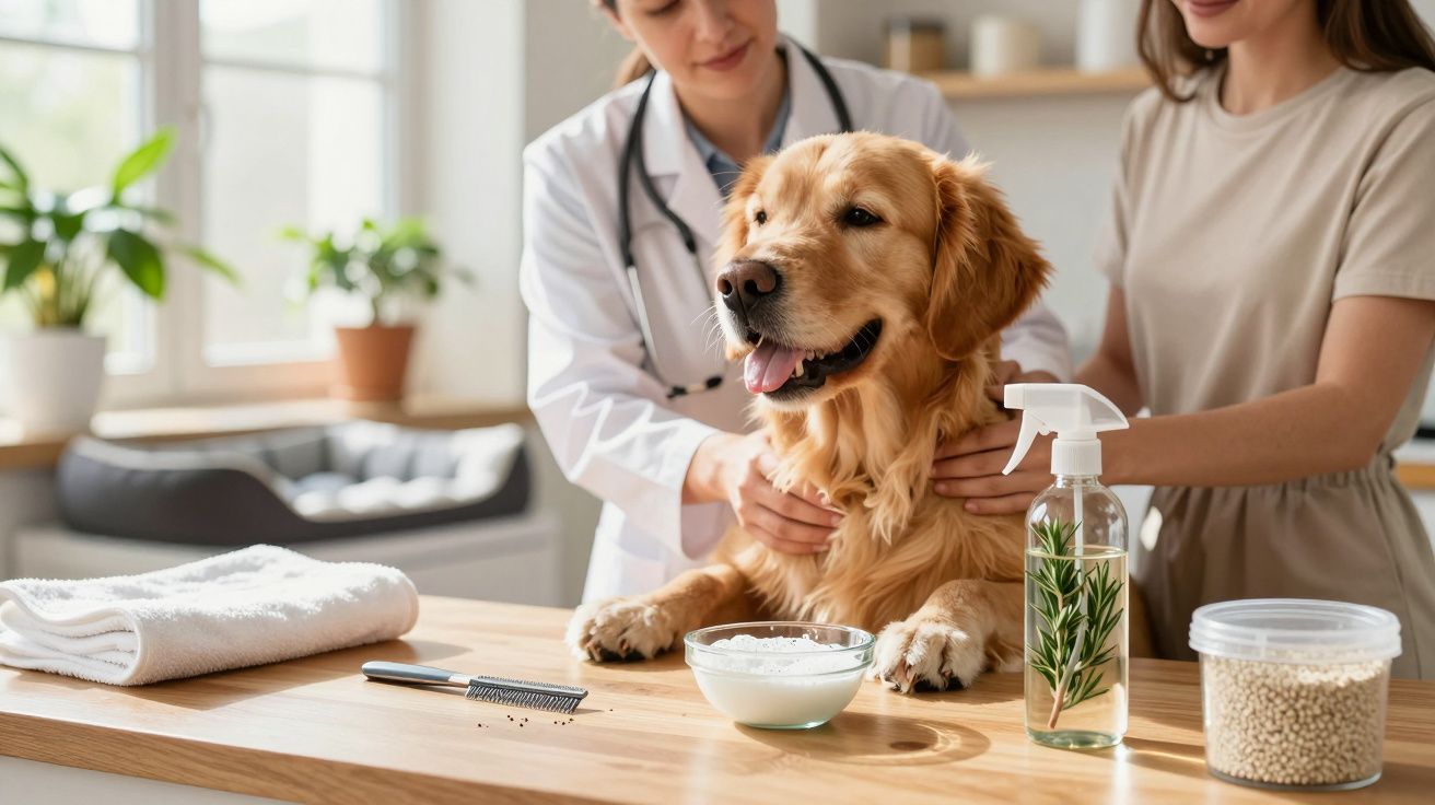 Cachorro em mesa de consulta veterinária, com veterinária e mulher ao lado, produtos e toalha ao redor.