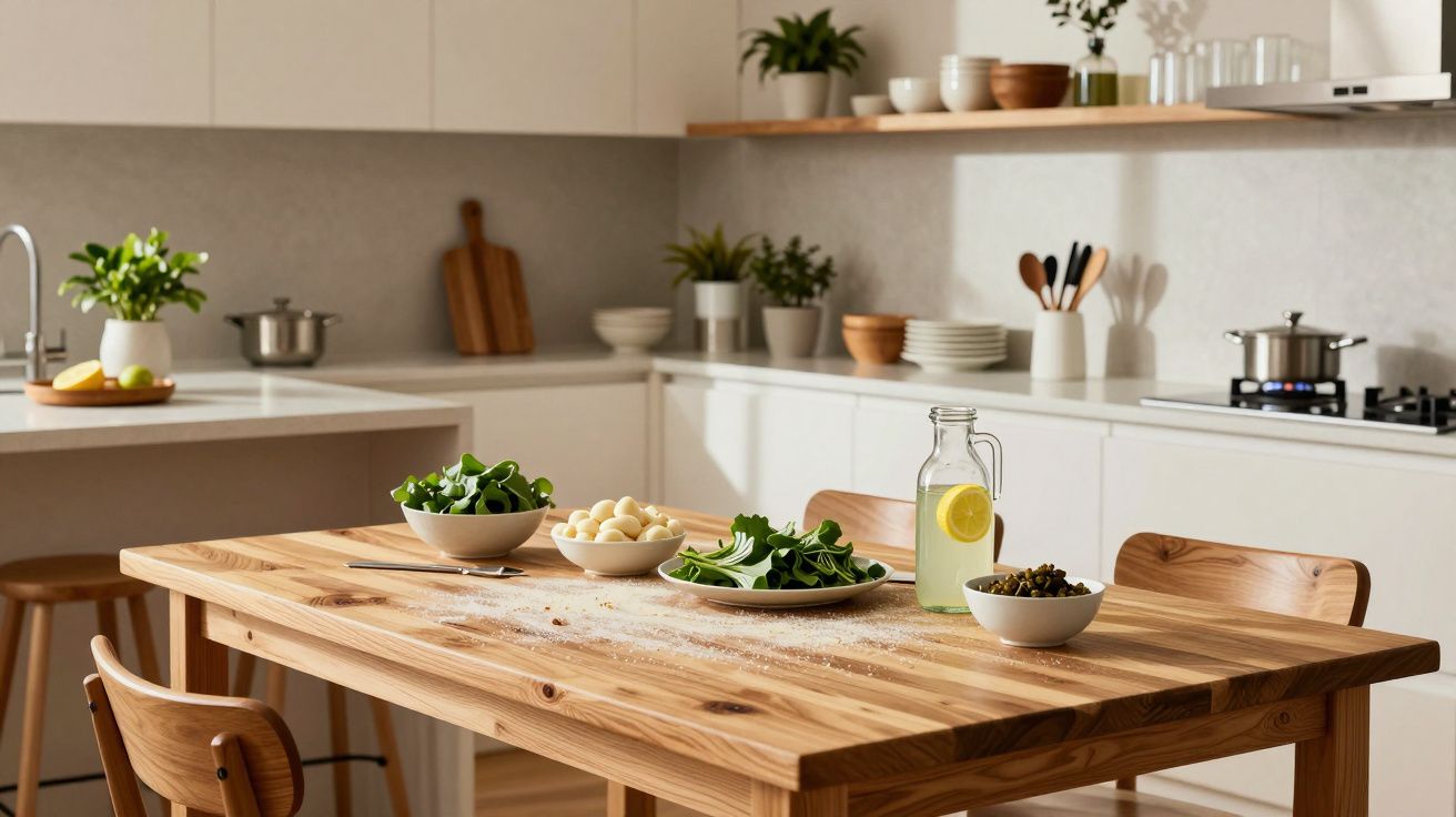 Cozinha moderna com mesa de madeira, pratos com ingredientes frescos e jarra de limonada. Ao fundo, utensílios e plantas.
