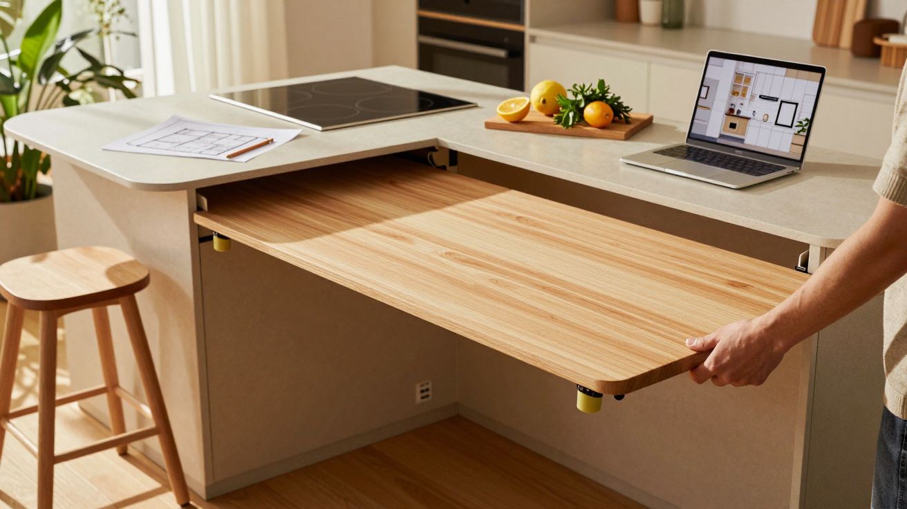Pessoa puxando mesa de madeira retrátil em cozinha moderna, com notebook e frutas sobre bancada de mármore.