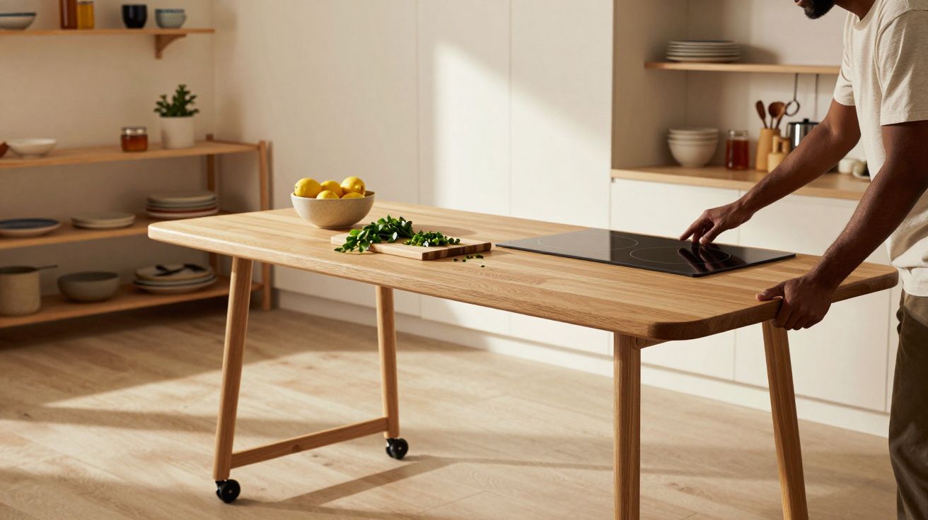 Homem empurra mesa de madeira com fogão embutido em cozinha moderna; tigela de frutas e tábua de cortar no topo.