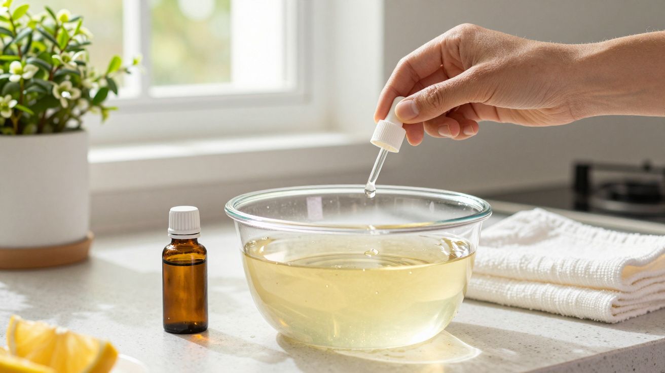 Mão pingando líquido em tigela de vidro com frasco âmbar ao lado, sobre pia de cozinha iluminada.
