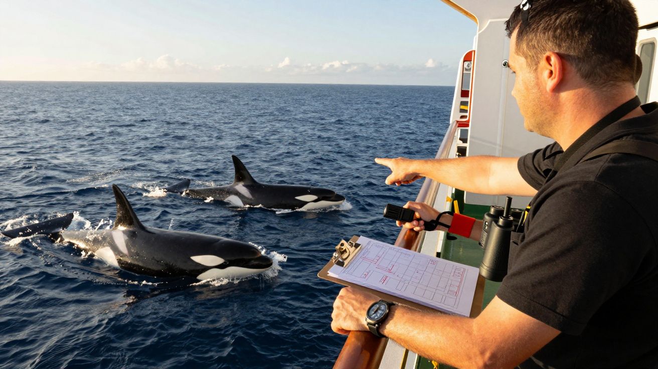Homem em barco observa duas orcas nadando próximas na superfície do oceano azul.
