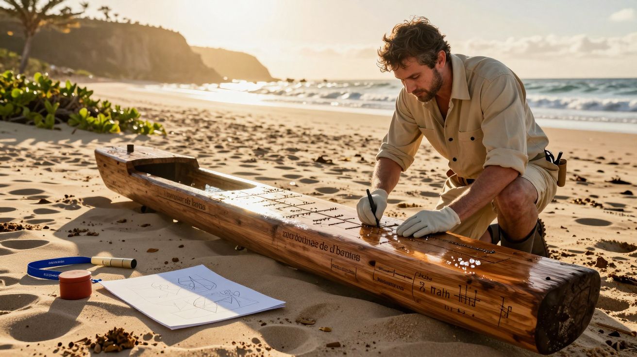 Homem escrevendo em tronco de madeira na praia ao pôr do sol, com desenhos e ferramentas ao redor.