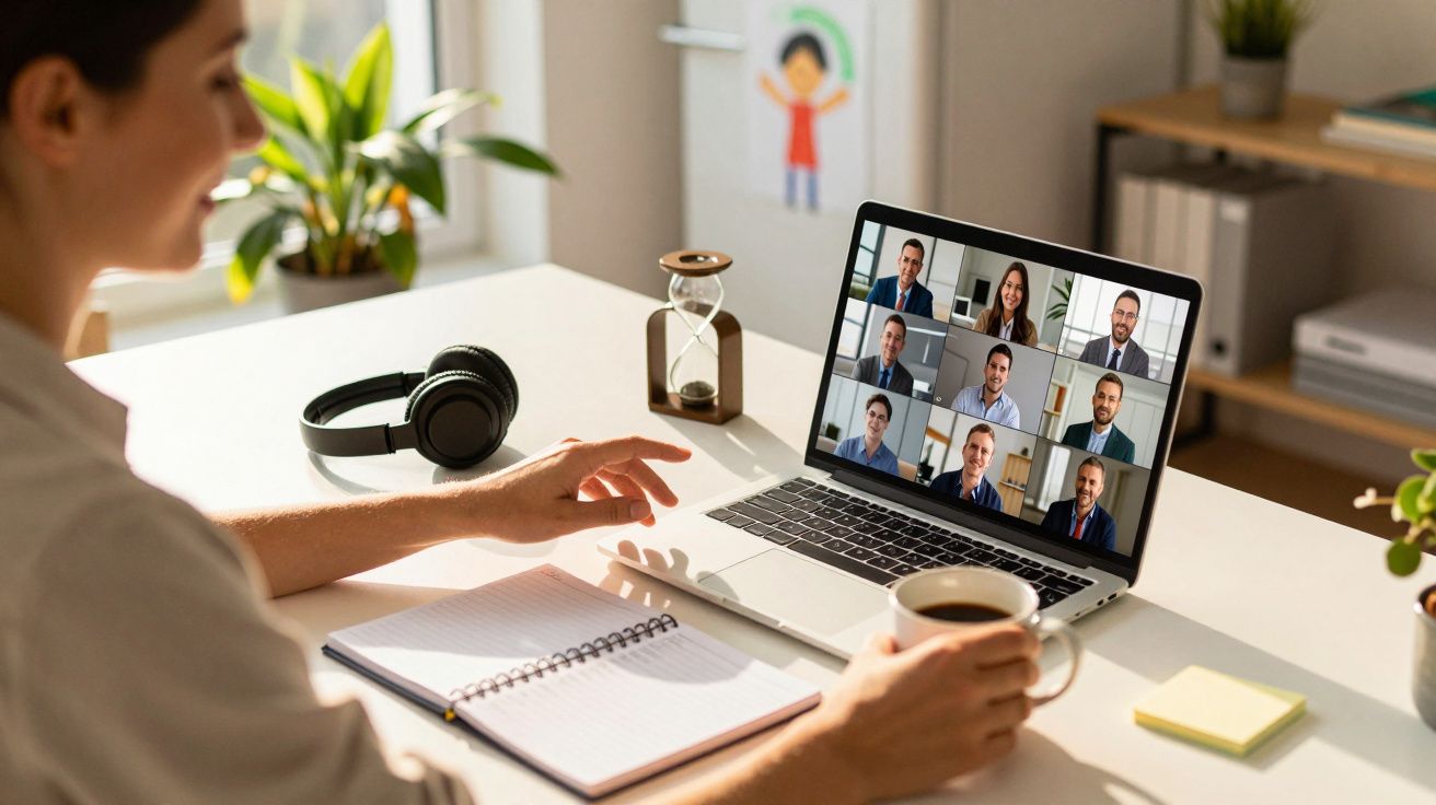 Mulher participando de videoconferência em laptop, com caderno e xícara de café na mesa.