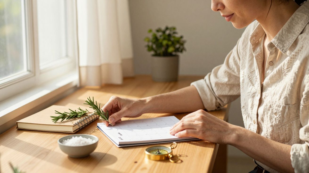 Mulher folheando calendário em mesa com planta, caderno, bússola e galho de alecrim sob luz natural.