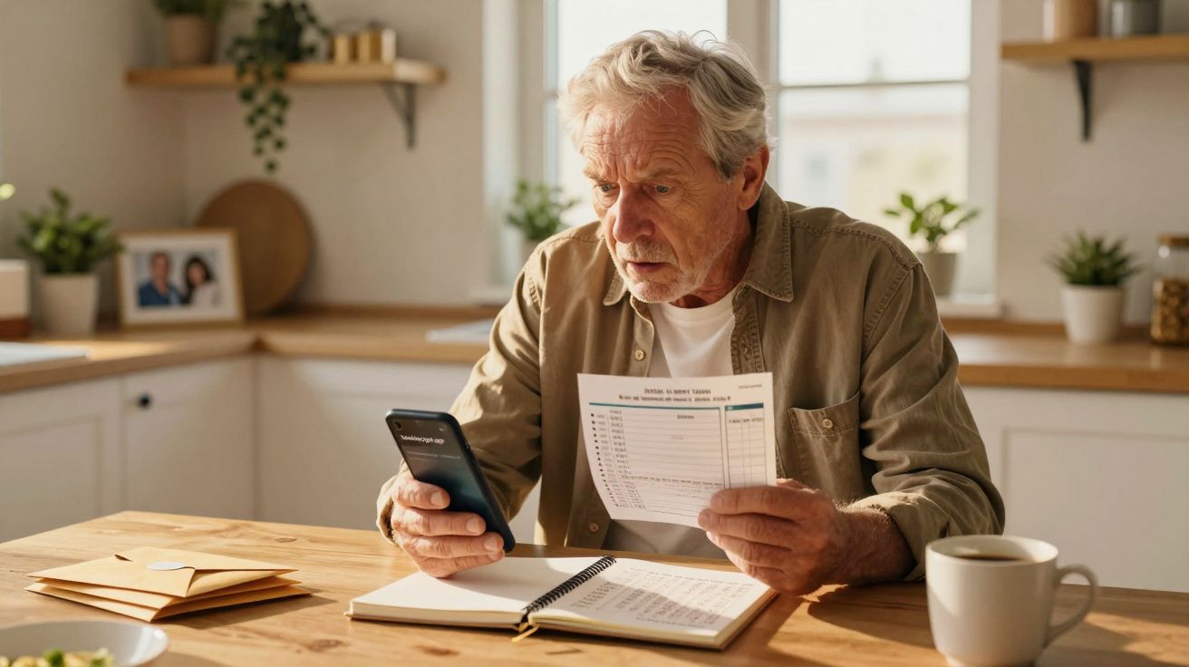 Homem idoso confere contas com celular e papel, sentado à mesa da cozinha, com caneca de café ao lado.