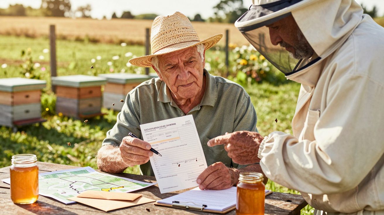 Apicultor discute documento com homem idoso em mesa ao ar livre, rodeados por colmeias e potes de mel.
