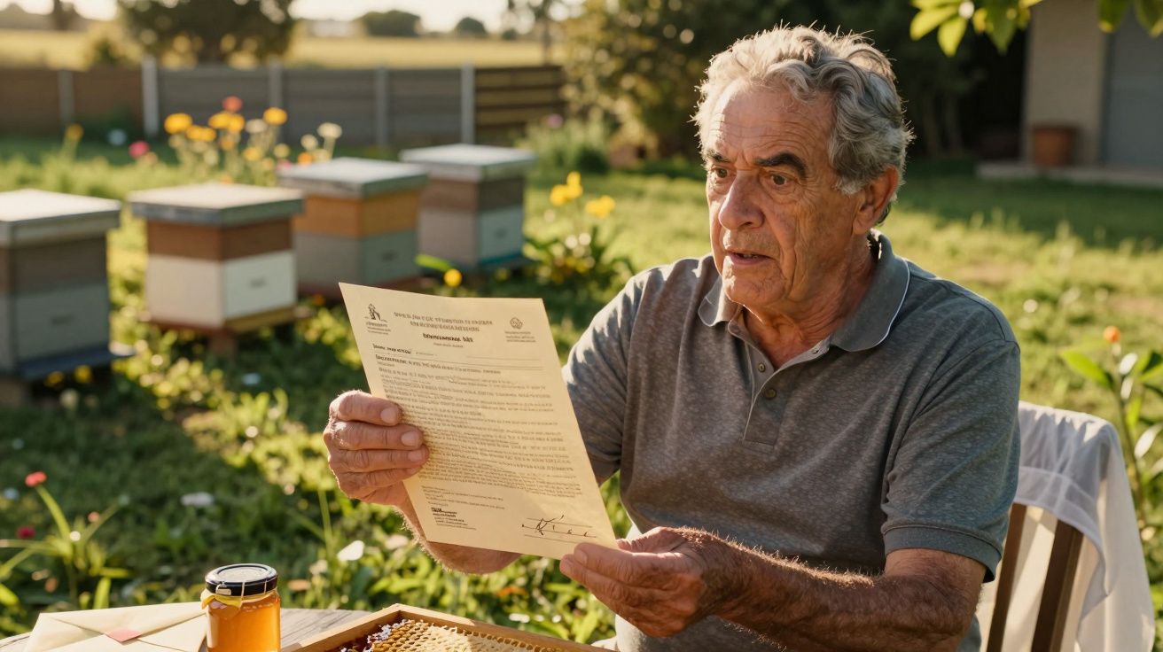 Idoso em jardim lê documento, cercado por colmeias e flores, com pote de mel na mesa.