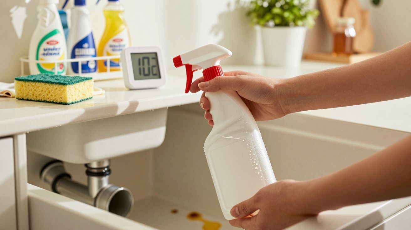 Pessoa segurando borrifador próximo à pia, com esponja e produtos de limpeza ao lado.