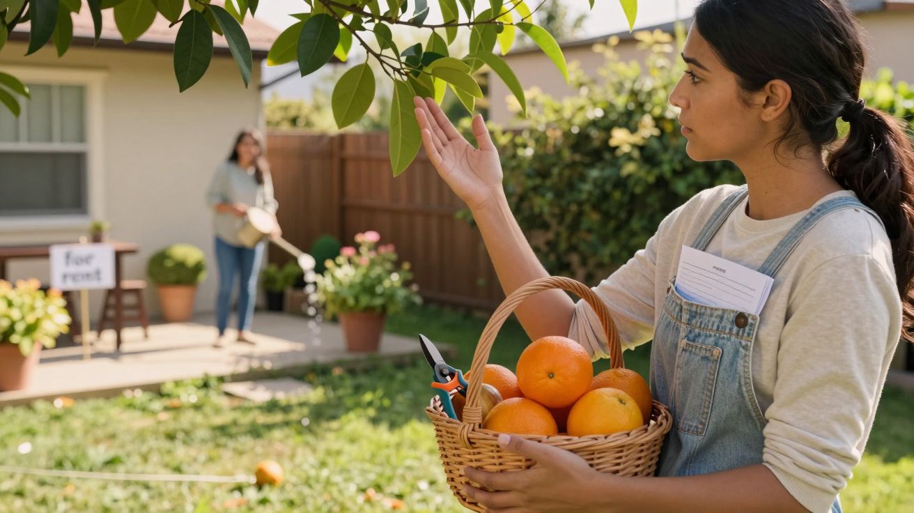 Mulher colhe laranjas em um jardim ao ar livre, enquanto outra pessoa rega plantas perto de uma casa com placa "for rent".
