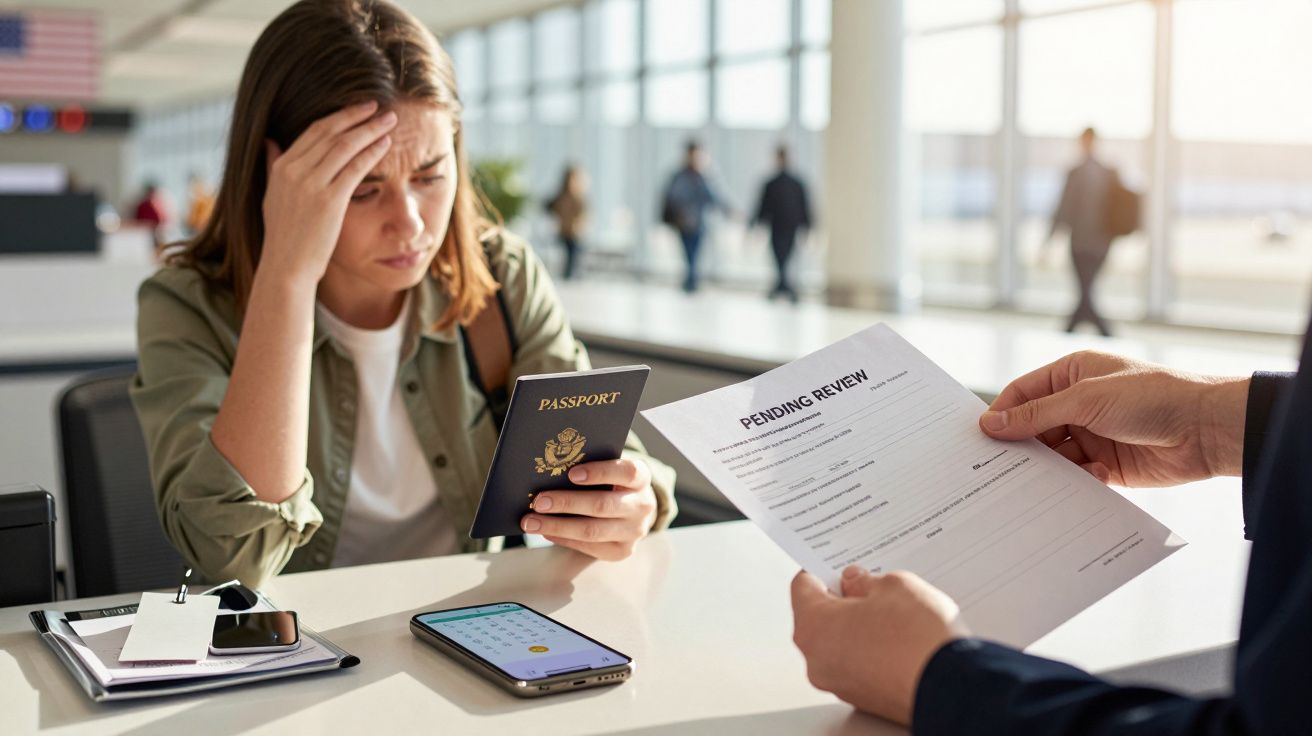 Mulher preocupada em aeroporto segura passaporte, enquanto funcionário entrega documento "PENDING REVIEW".