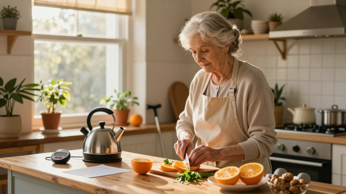 Idosa preparando salada na cozinha ensolarada, com chaleira e plantas ao fundo.