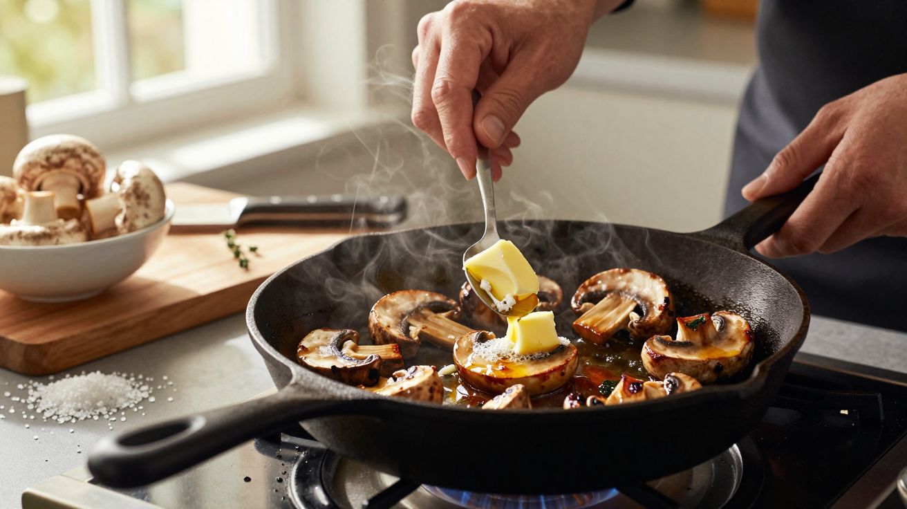 Pessoa cozinhando cogumelos em uma frigideira de ferro, adicionando manteiga com uma colher.