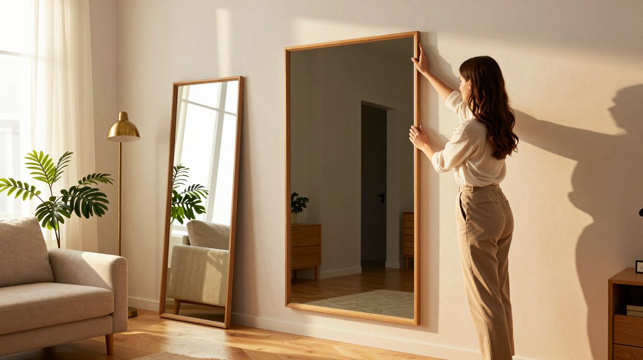 Mulher ajustando grande espelho na parede de uma sala de estar iluminada, com sofá, planta e abajur ao fundo.