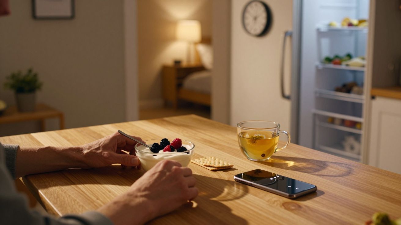 Pessoa segurando tigela de iogurte com frutas vermelhas em mesa de madeira, ao lado de chá, biscoitos e celular.