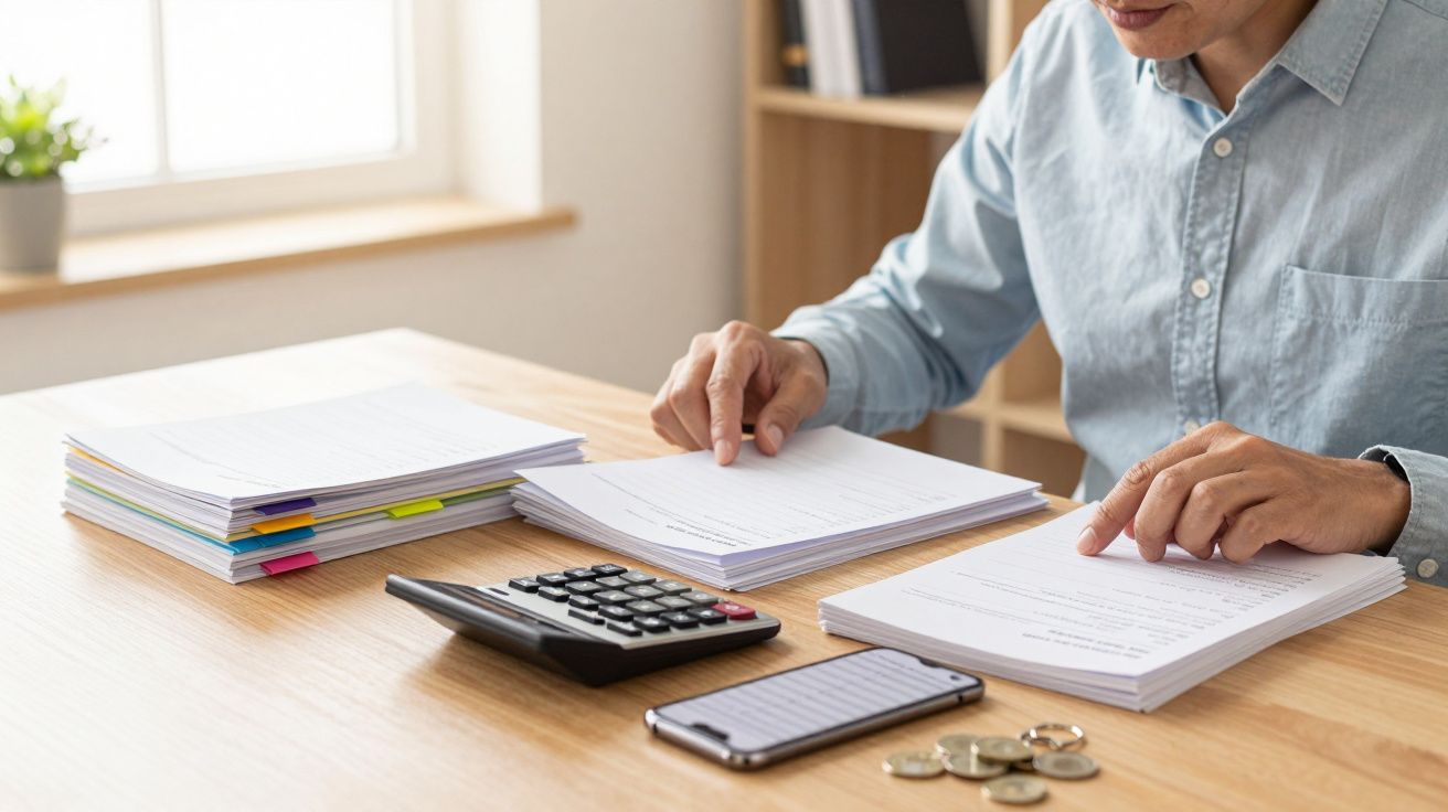 Pessoa revisando documentos com calculadora, moedas e celular na mesa.