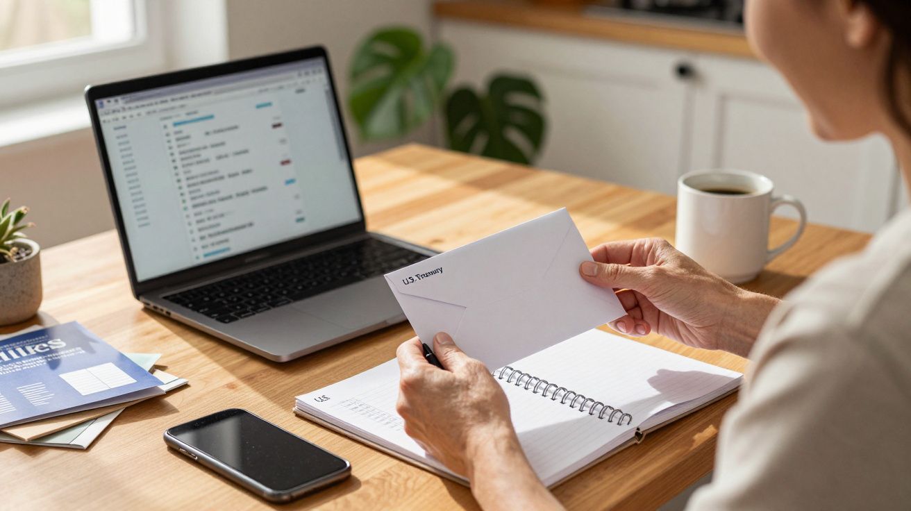 Pessoa em casa abrindo uma carta ao lado de um laptop e café sobre a mesa de madeira.