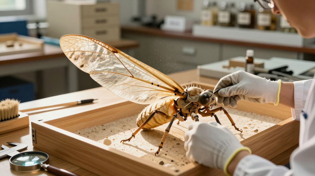 Cientista examina modelo de inseto gigante em laboratório com luvas.