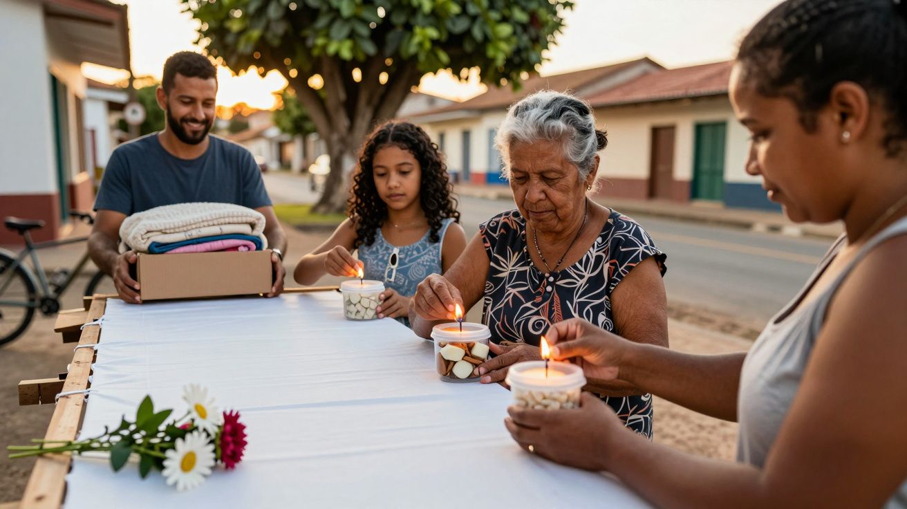 Grupo de pessoas acendendo velas em uma mesa ao ar livre, com flores, enquanto um homem segura uma caixa de roupas.