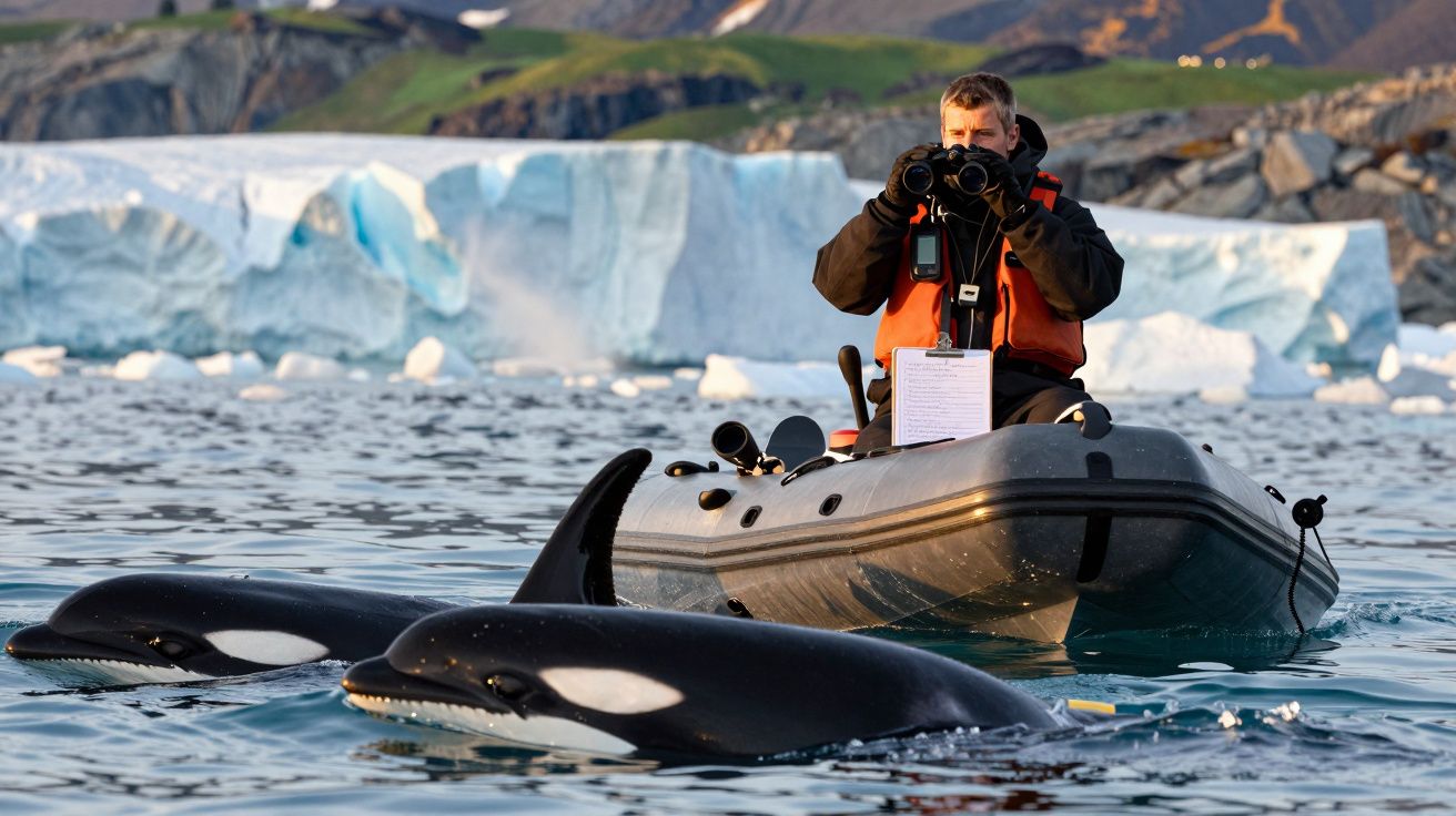 Homem em bote observa orcas na água com binóculos, gelo e montanhas ao fundo.