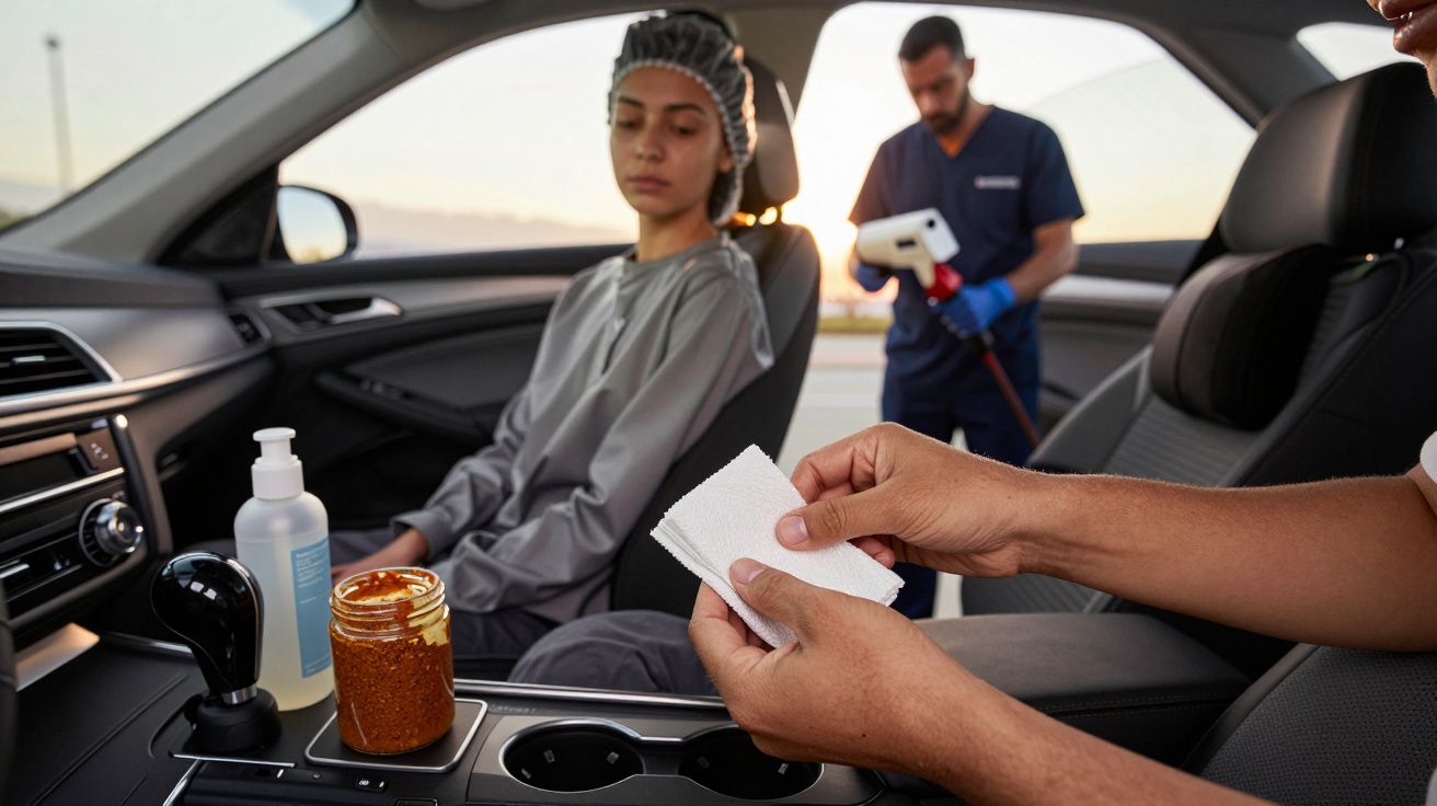 Pessoa sentada em um carro, com um pote e frasco à frente; pessoa ao fundo segurando um aparelho.