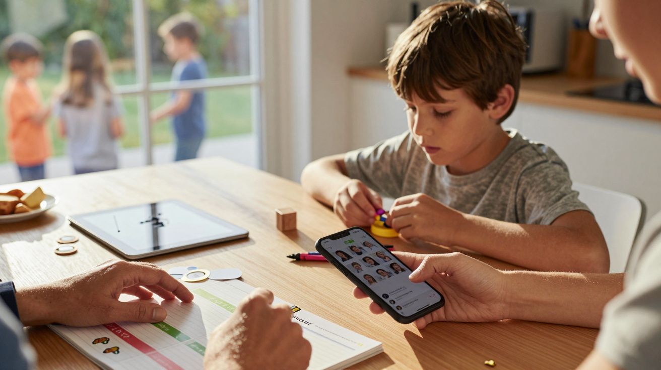 Criança brinca com brinquedos em uma mesa; adulto segura celular com aplicativo de lista enquanto outro anota em papel.