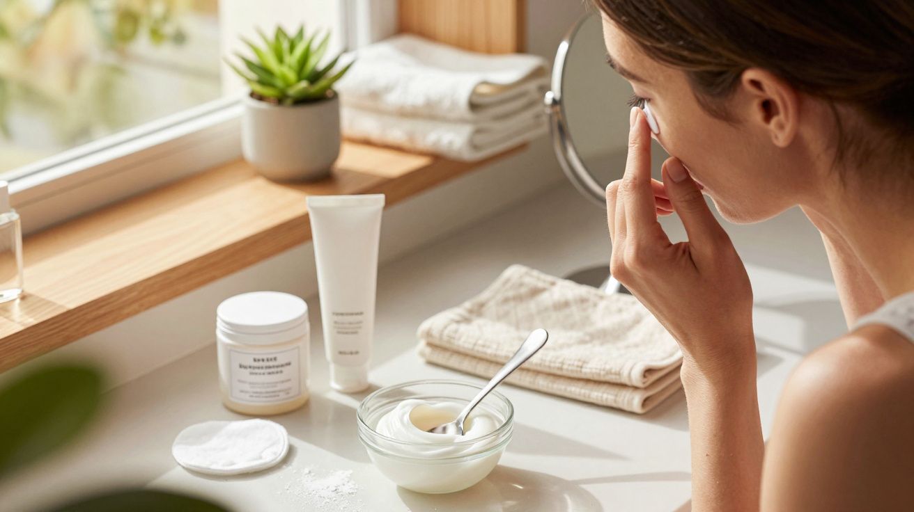 Mulher aplicando creme no rosto em bancada com produtos de skincare, toalhas e planta ao fundo.