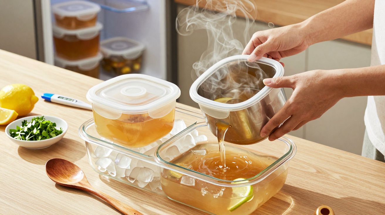 Pessoa despejando caldo quente em recipiente de vidro em uma cozinha, com limão e ervas ao lado.