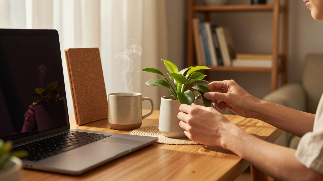 Pessoa cuida de planta em mesa com laptop e xícara, em ambiente iluminado e aconchegante.