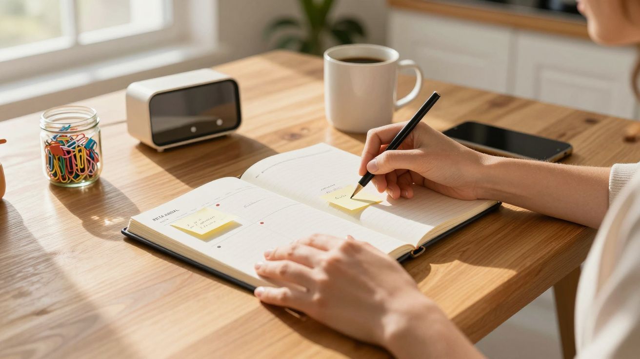 Pessoa escreve em agenda com post-its em mesa de madeira; ao lado, xícara, smartphone, organizador e jarro de clipes colorido