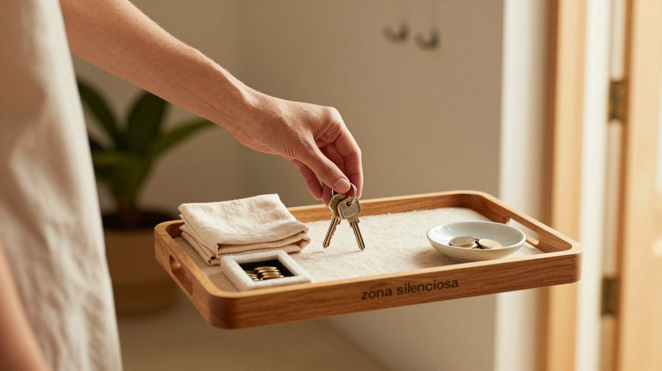 Mão segura chave sobre bandeja com toalha dobrada, moedas e pote em ambiente claro e tranquilo.