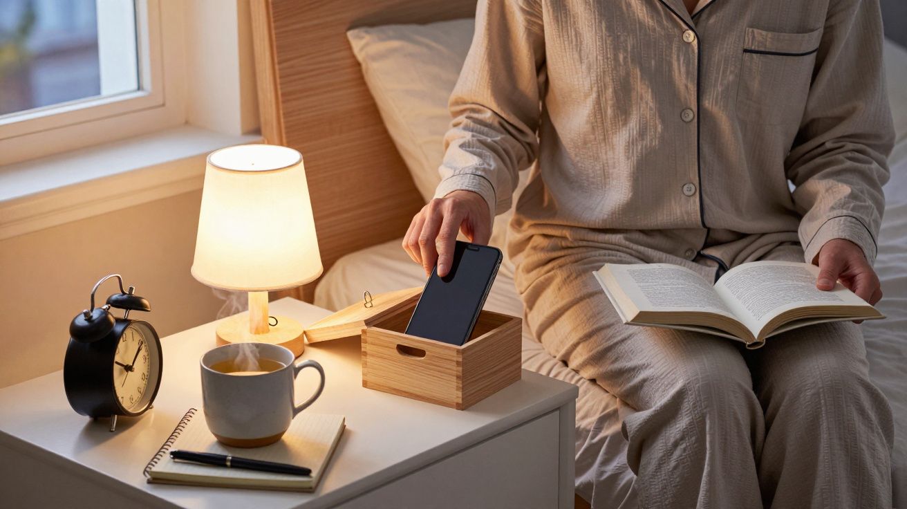 Pessoa lendo na cama, guardando celular em caixa. Ao lado, despertador, caneca, caderno e abajur aceso.