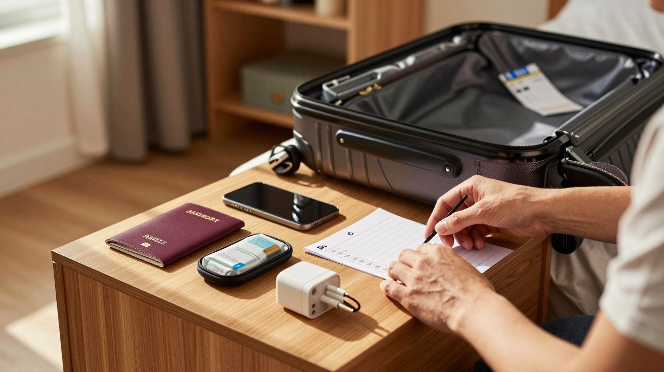 Pessoa escrevendo lista de viagem ao lado de mala aberta, passaporte, celular e carregador sobre mesa de madeira.