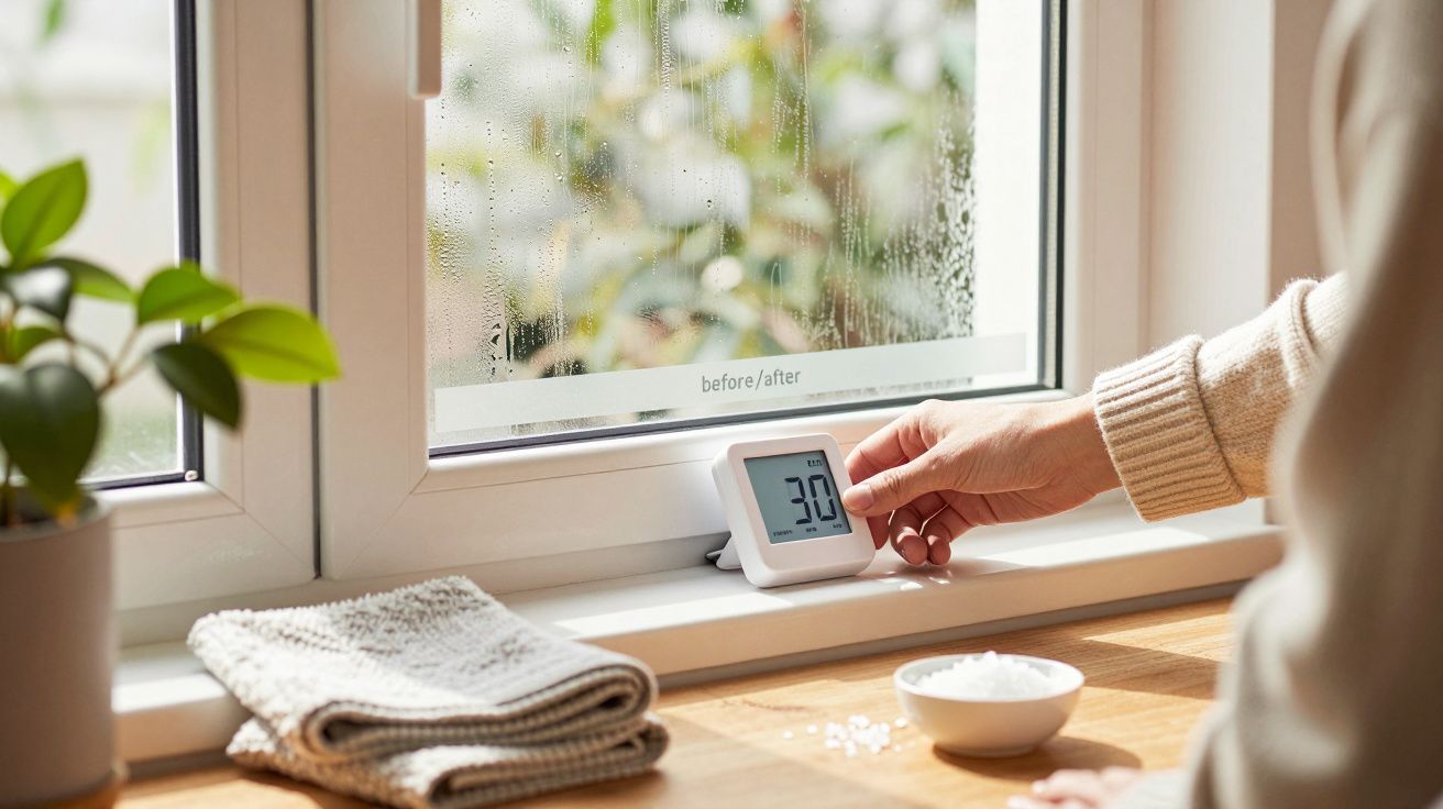 Pessoa ajusta um higrometro digital em um parapeito, ao lado de toalhas e uma planta, com janela umedecida ao fundo.